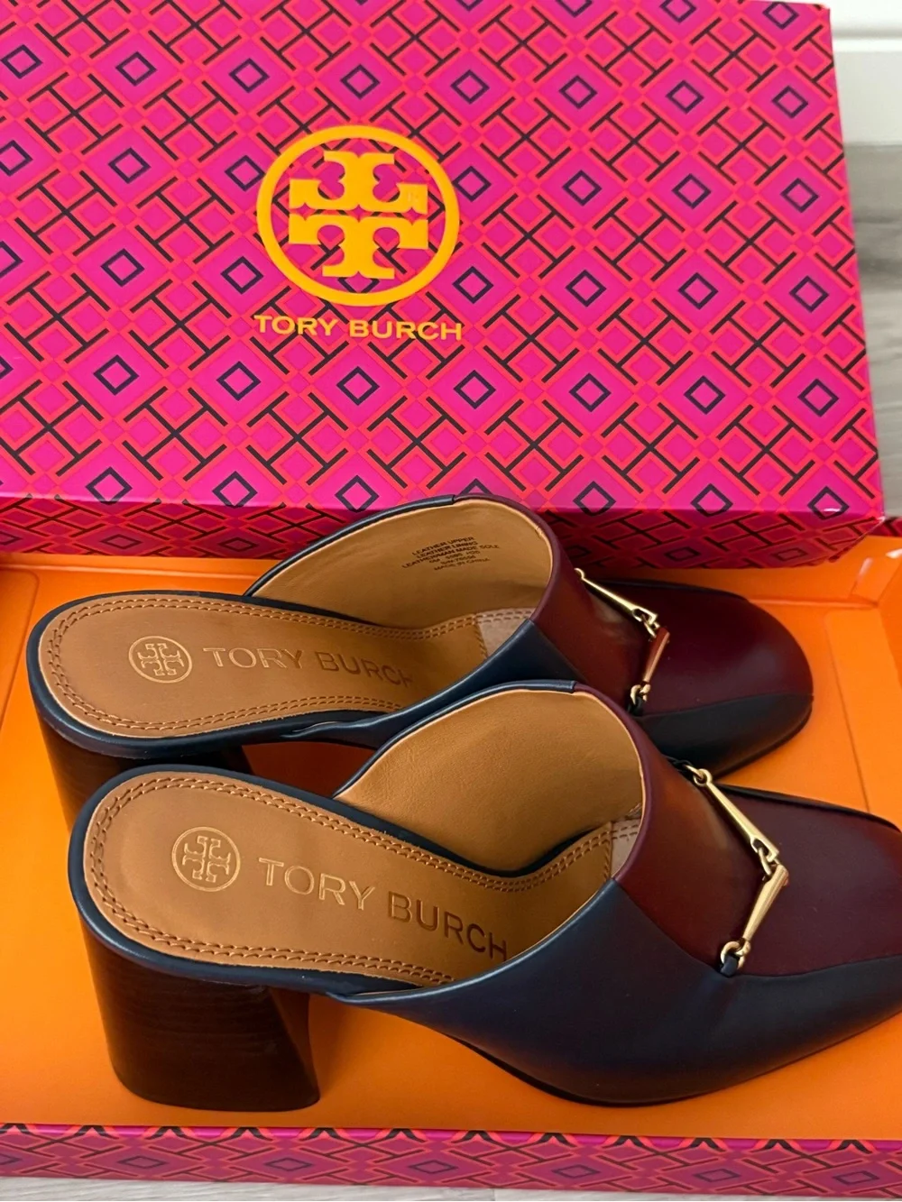 Tory Burch Burgundy and Black Leather Backless Loafers with Gold Accent